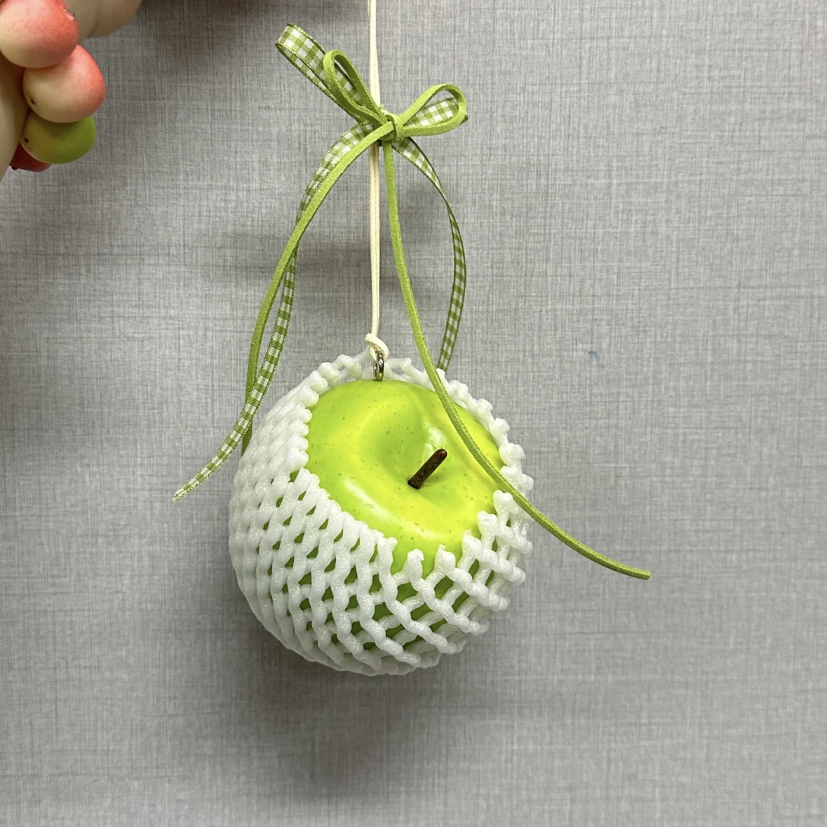 Green Apple Bag Charm with Ribbon Cord – Handmade - Image 4