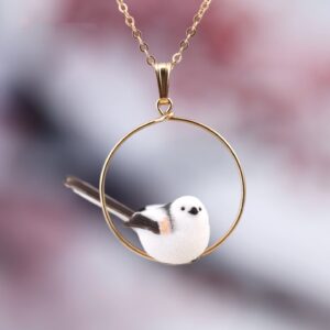 White Long-Tailed Tit Pendant Necklace – Handmade Bird Jewelry