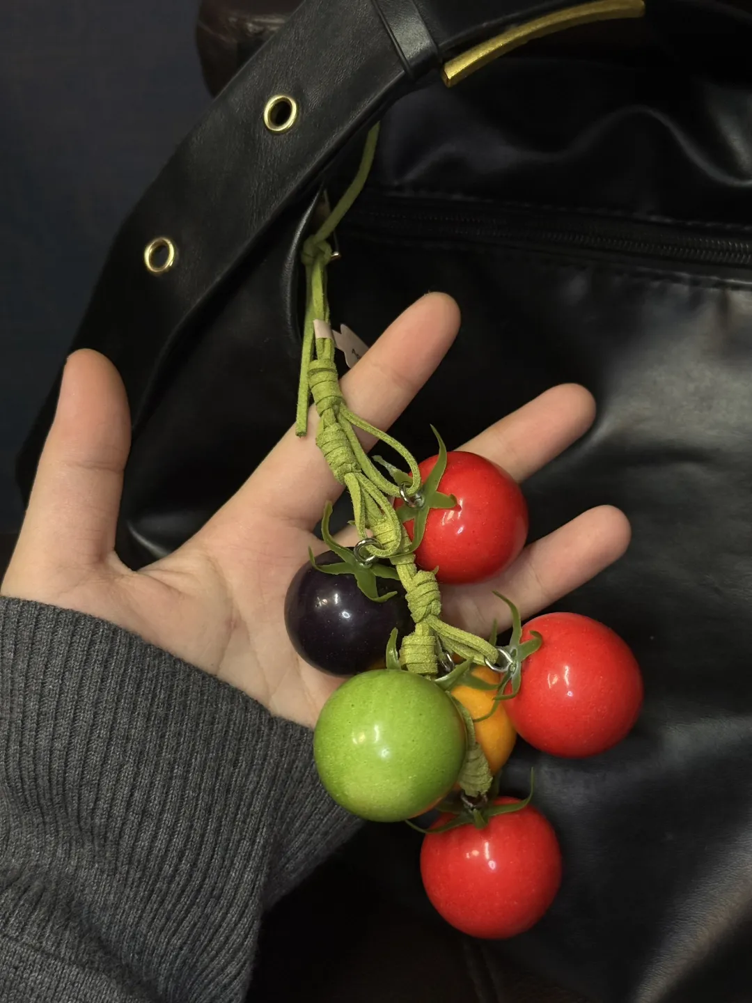 Tomato Vine Bag Charm – Handcrafted Cherry Tomato Cluster Keychain with Green Suede Strap - Image 2