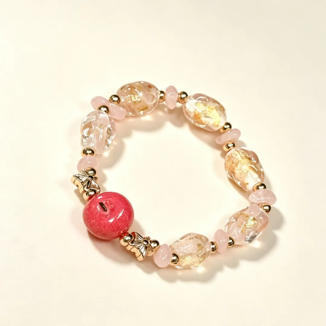 Handcrafted Apple Crystal Bracelet – Rose Quartz & Murano Glass Fruit Beaded Jewelry