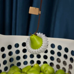 Mini Green Pear Bag Charm – Handcrafted 4cm Miniature Fruit Keychain with Mesh Net & Suede Cord