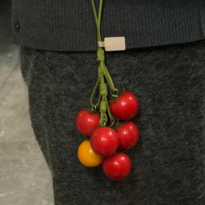 Tomato Vine Bag Charm – Handcrafted Cherry Tomato Cluster Keychain with Green Suede Strap