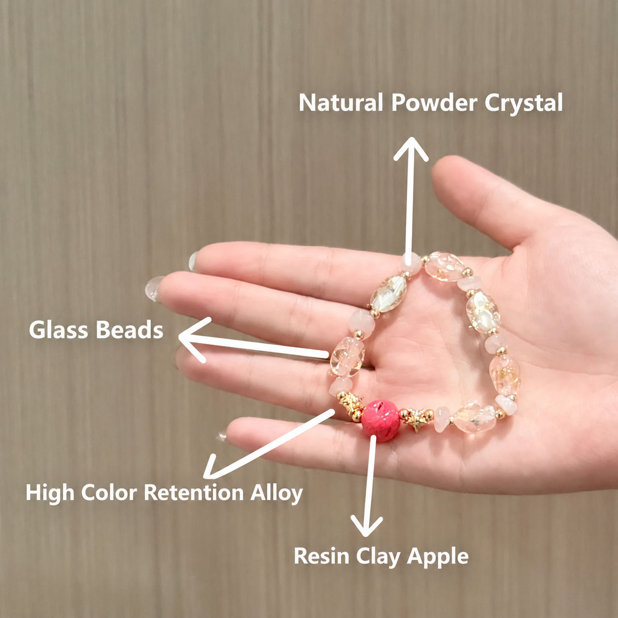Handcrafted Apple Crystal Bracelet – Rose Quartz & Murano Glass Fruit Beaded Jewelry - Image 4