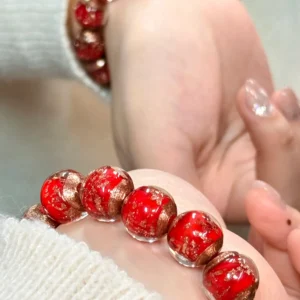Crimson Gold Foil Murano Glass Bracelet – Handcrafted Red & Gold Flake Lampwork Beaded Bracelet
