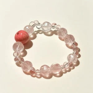 Icy Rose Quartz & Peach Bracelet – Hand-Facet Crystal & Handcrafted Miniature Peach Beaded Wristlet