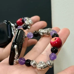 Gothic Apple Crystal Watch Band – Handcrafted Fruit & Amethyst Bead Bracelet for Apple Watch
