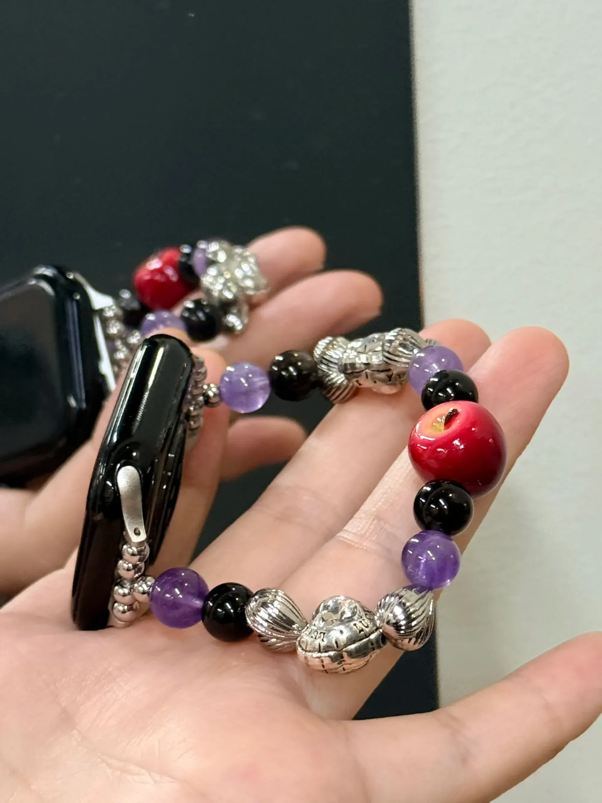 Gothic Apple Crystal Watch Band – Handcrafted Fruit & Amethyst Bead Bracelet for Apple Watch