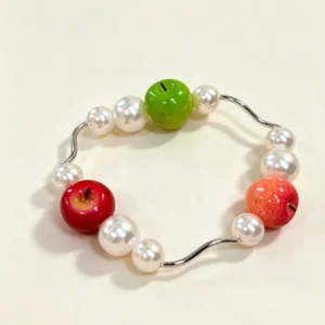 Trio Apple Pearl Bangle – Hand-Sculpted Fruit Charms & Silver Wave Tube Bracelet