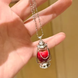 Vintage Lantern Red Apple Pendant Necklace – Handcrafted Miniature Apple in Silver Oil Lamp Frame