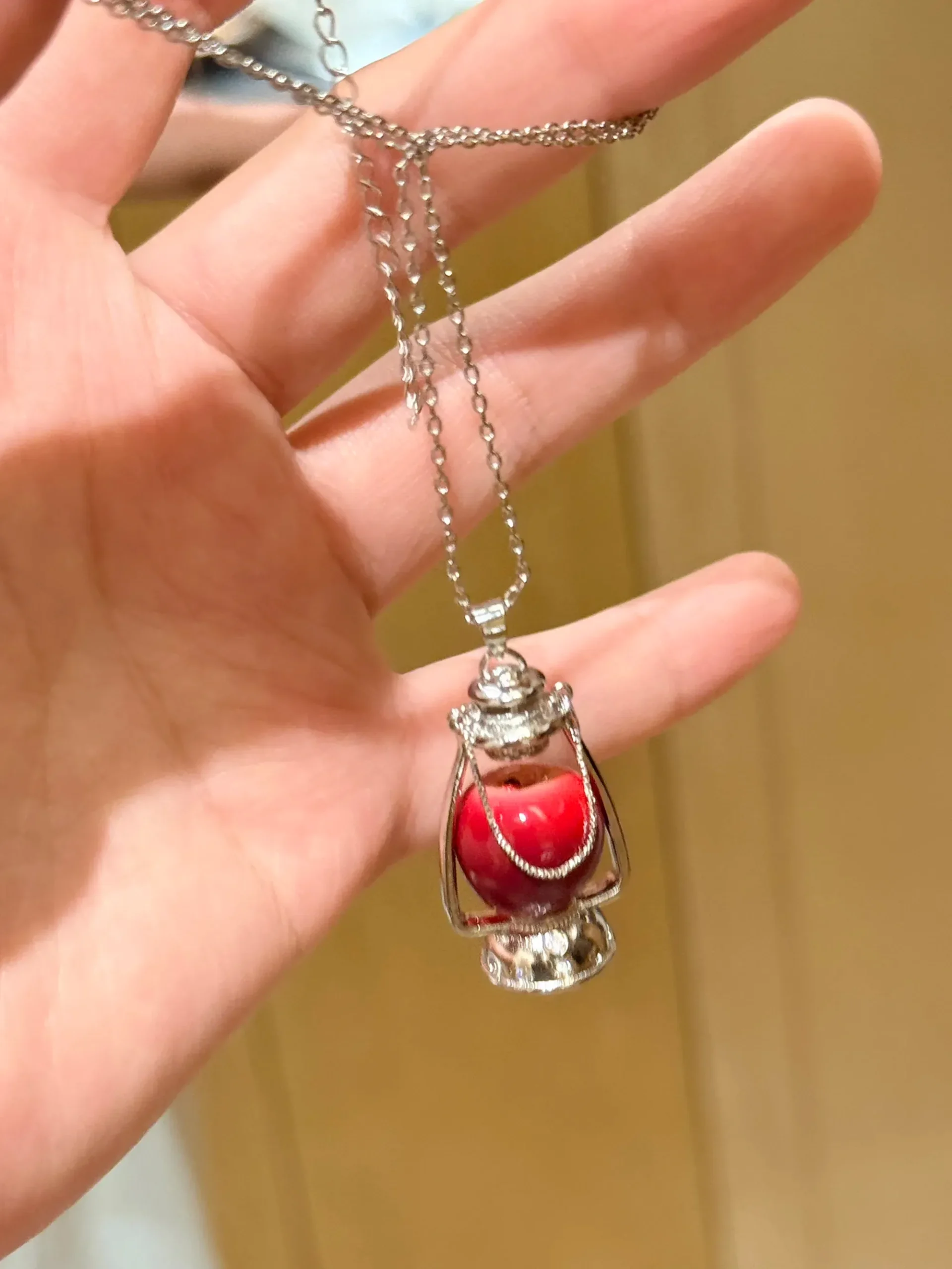Vintage Lantern Red Apple Pendant Necklace – Handcrafted Miniature Apple in Silver Oil Lamp Frame