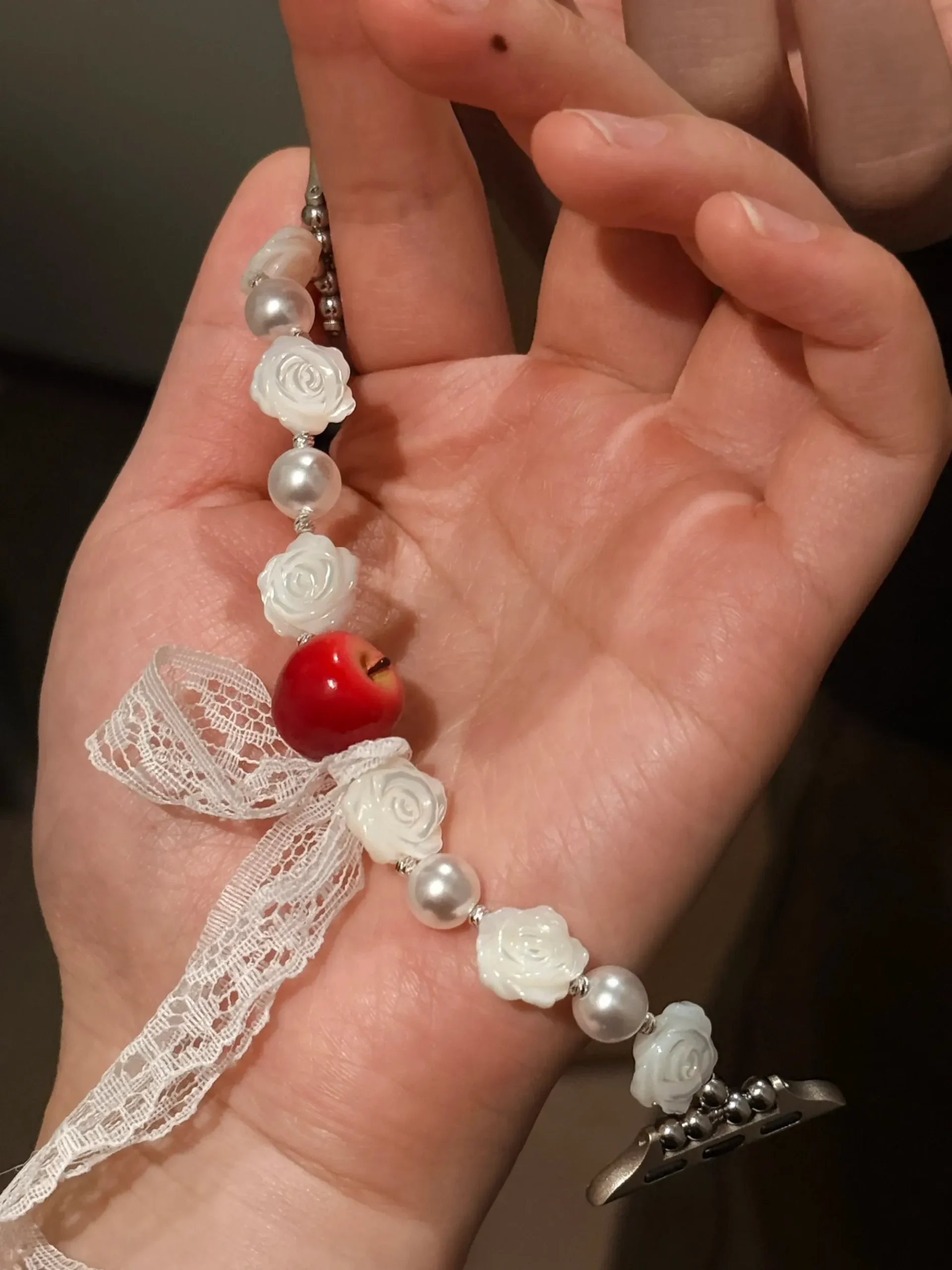 Snow White Lace Pearl Watch Band – Handcrafted Red Apple & Carved Rose Bracelet for Apple Watch