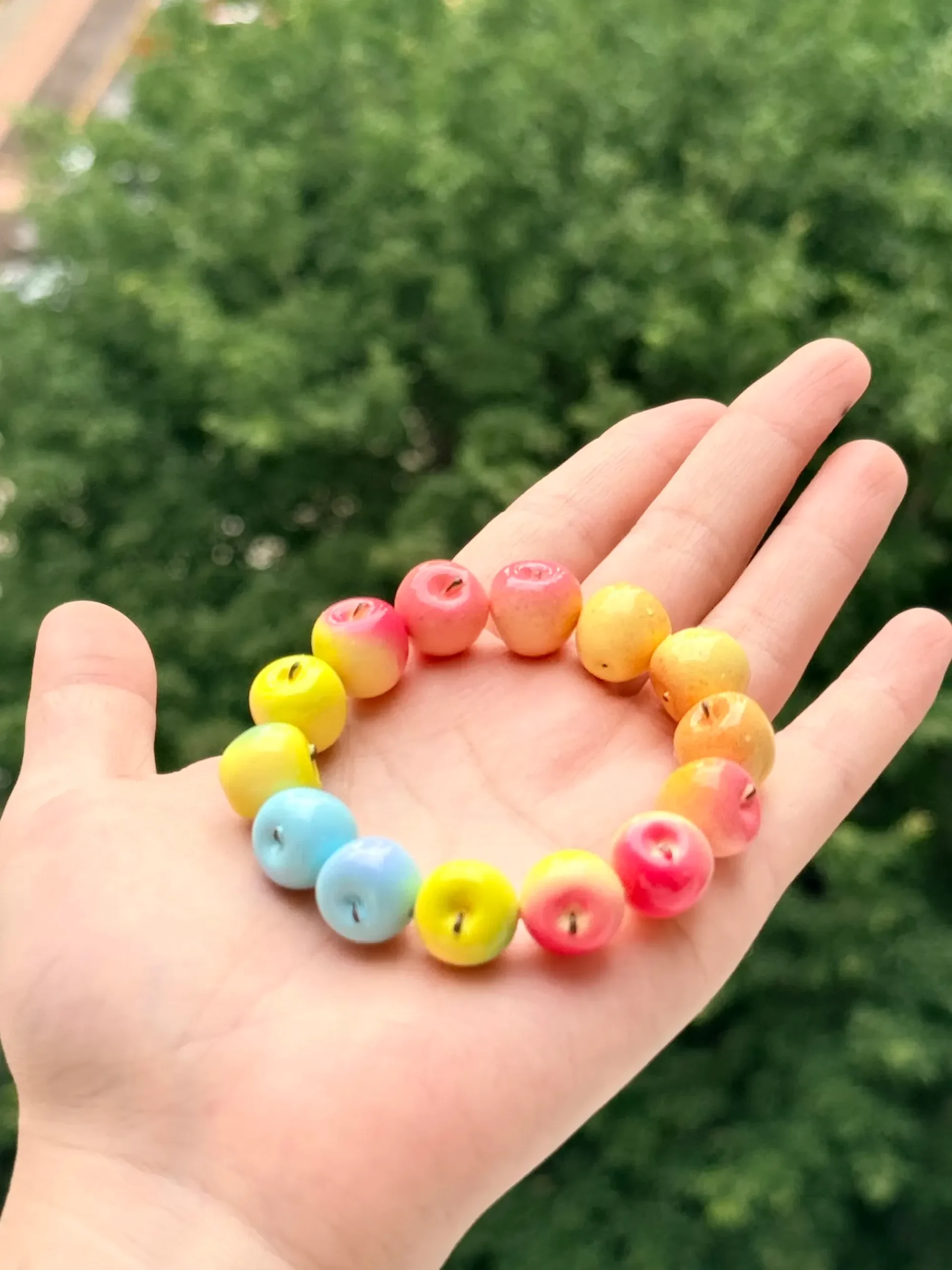 Rainbow Apple Beaded Bracelet – Handcrafted Pastel Fruit Stretch Bracelet - Image 2