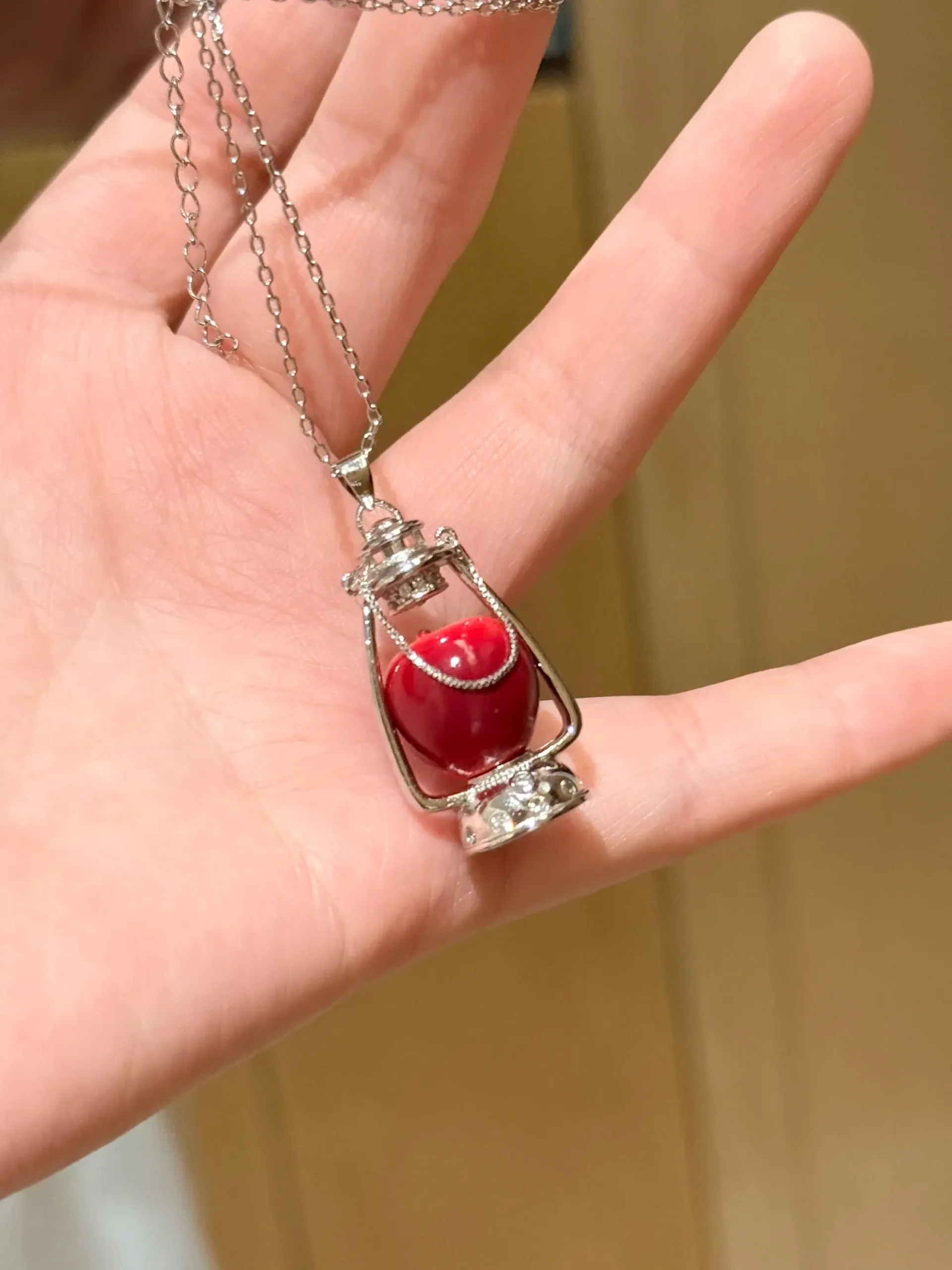 Vintage Lantern Red Apple Pendant Necklace – Handcrafted Miniature Apple in Silver Oil Lamp Frame - Image 3