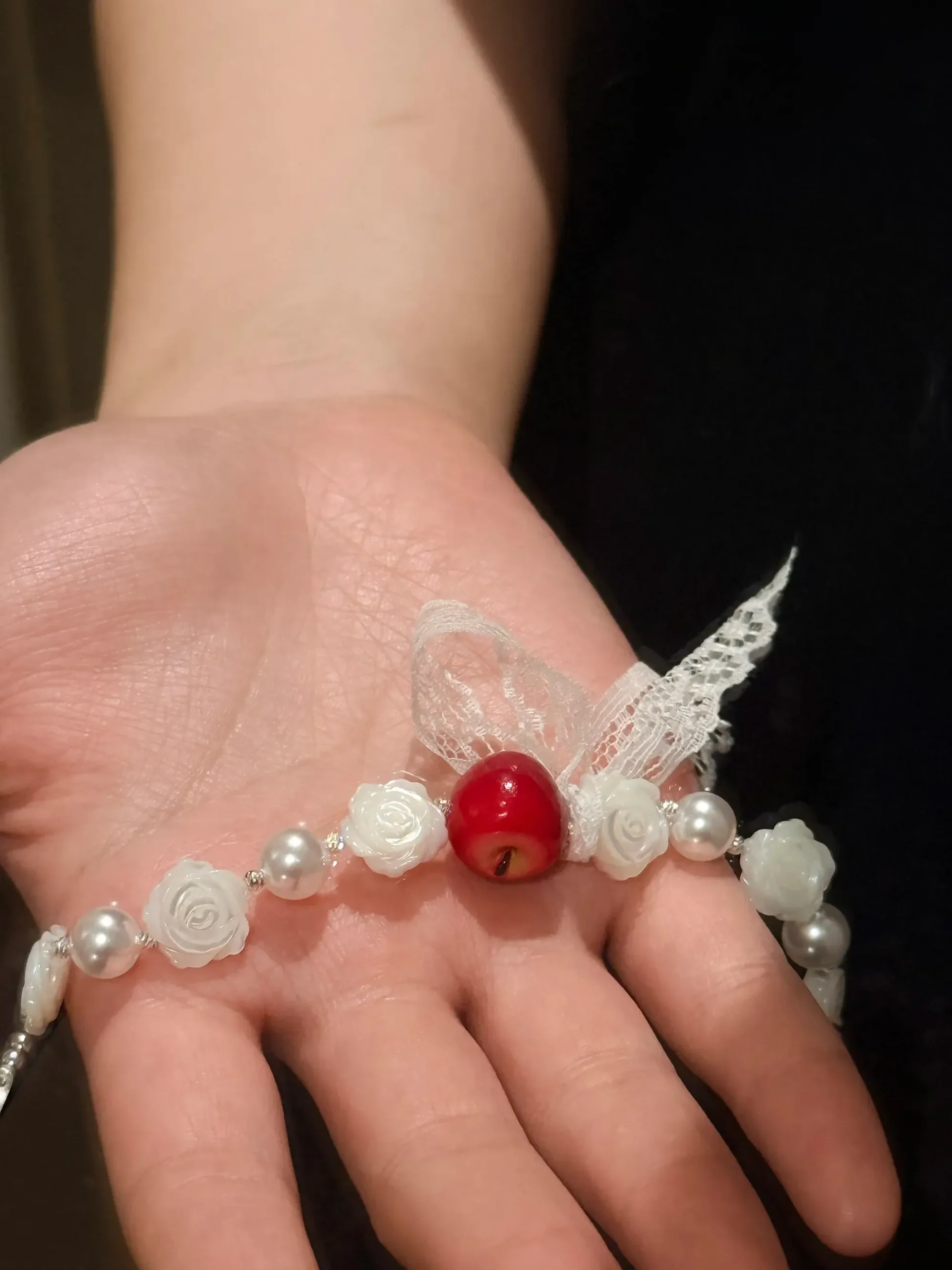 Snow White Lace Pearl Watch Band – Handcrafted Red Apple & Carved Rose Bracelet for Apple Watch - Image 2