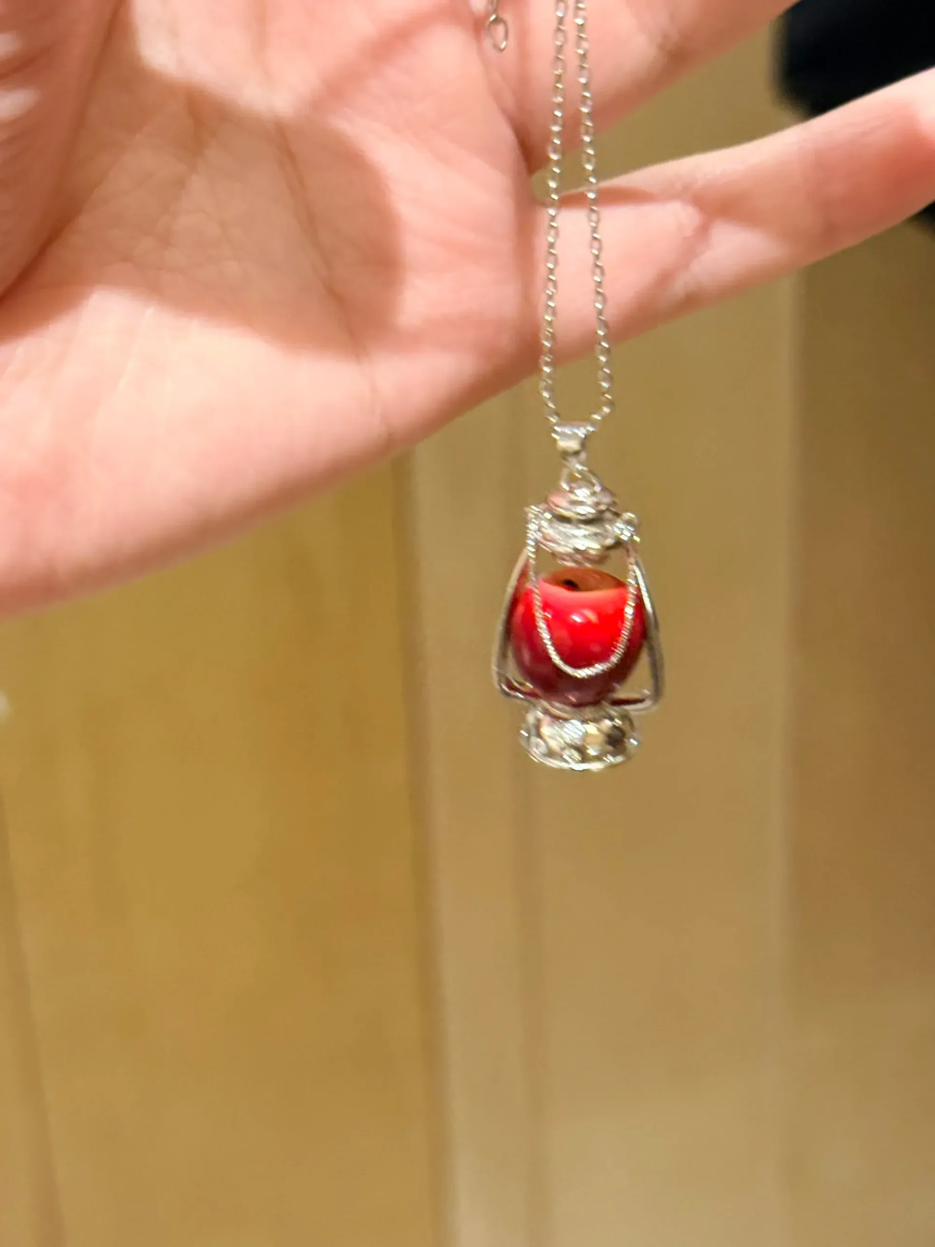 Vintage Lantern Red Apple Pendant Necklace – Handcrafted Miniature Apple in Silver Oil Lamp Frame - Image 2