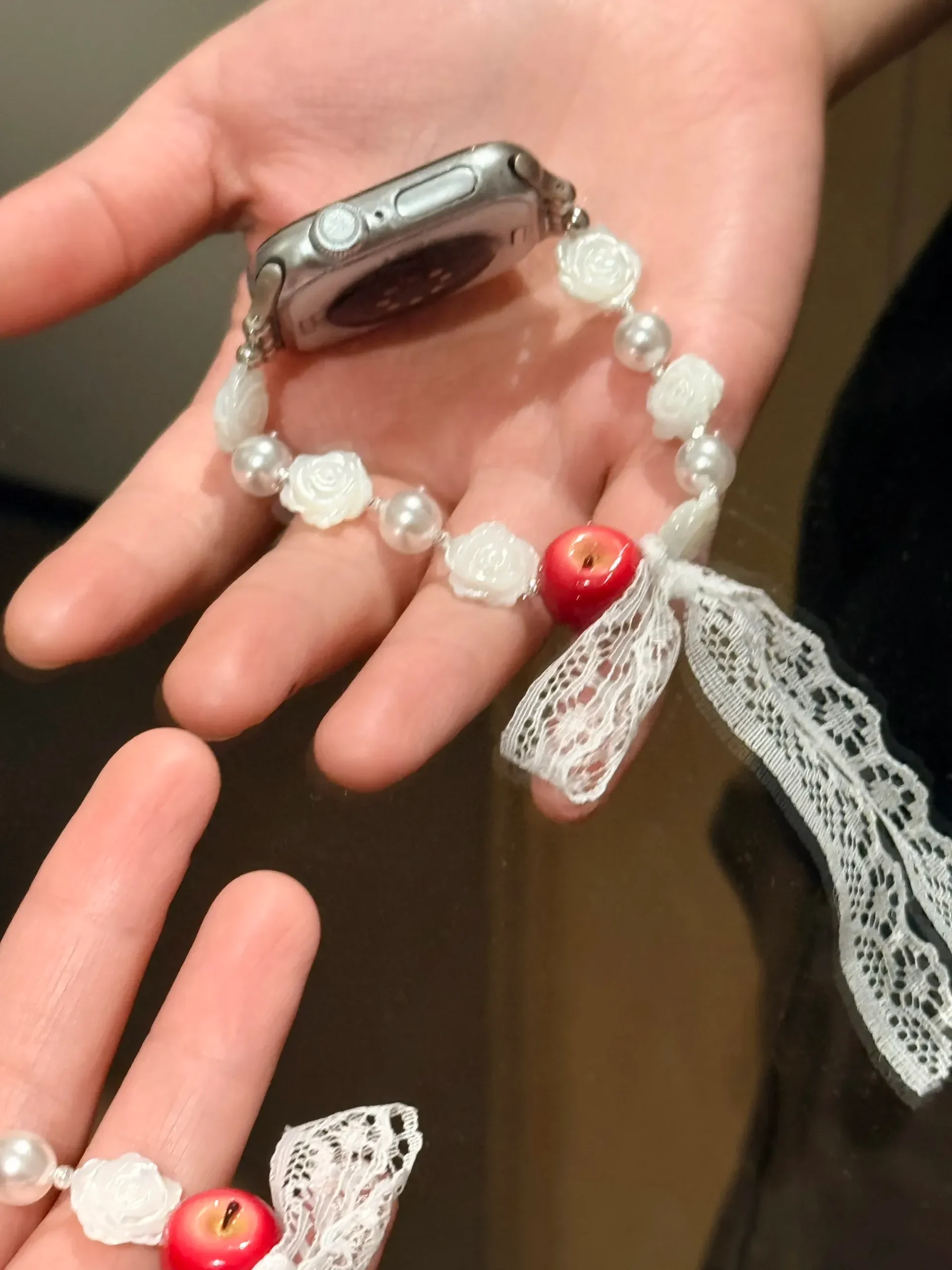 Snow White Lace Pearl Watch Band – Handcrafted Red Apple & Carved Rose Bracelet for Apple Watch - Image 3