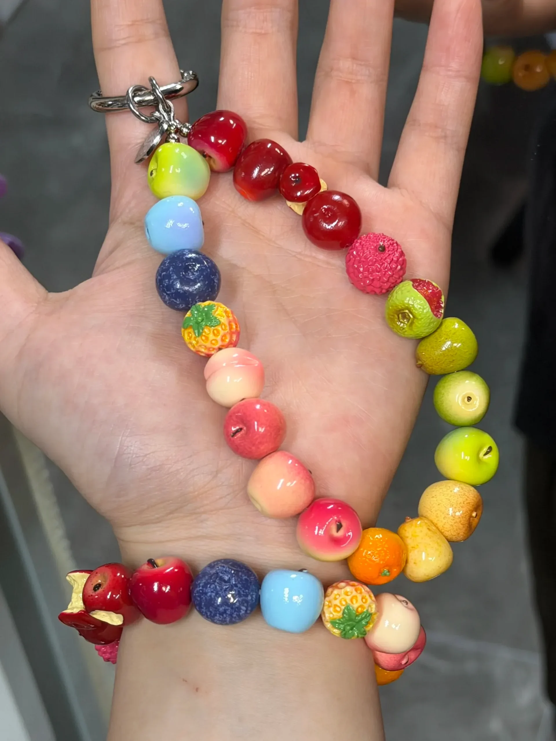 Rainbow Fruit Gradient Bag Charm – Handcrafted Orchard Beaded Keychain with Mini Apples & Berries - Image 4