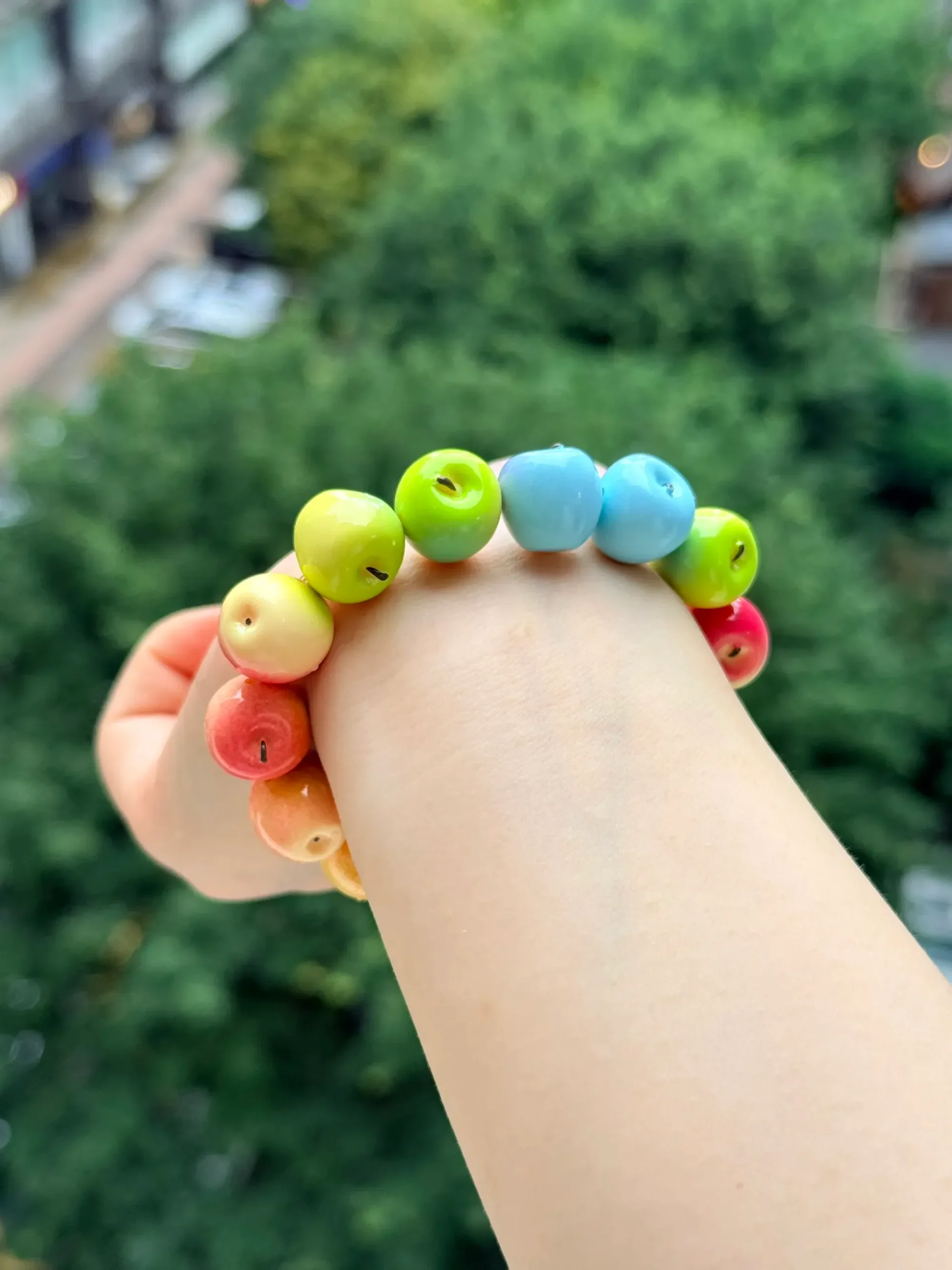 Rainbow Apple Beaded Bracelet – Handcrafted Pastel Fruit Stretch Bracelet - Image 3