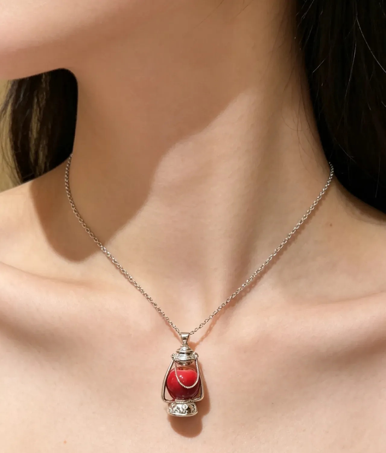 Vintage Lantern Red Apple Pendant Necklace – Handcrafted Miniature Apple in Silver Oil Lamp Frame - Image 4