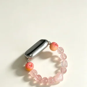 Peach Blossom Rose Quartz Watch Band – Handcrafted Miniature Fruit & Heart Crystal Bracelet for Apple Watch