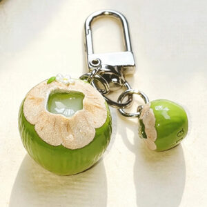Tropical Green Coconut Bag Charm – Handcrafted Realistic Fresh Coconut Keychain with Mini Charm